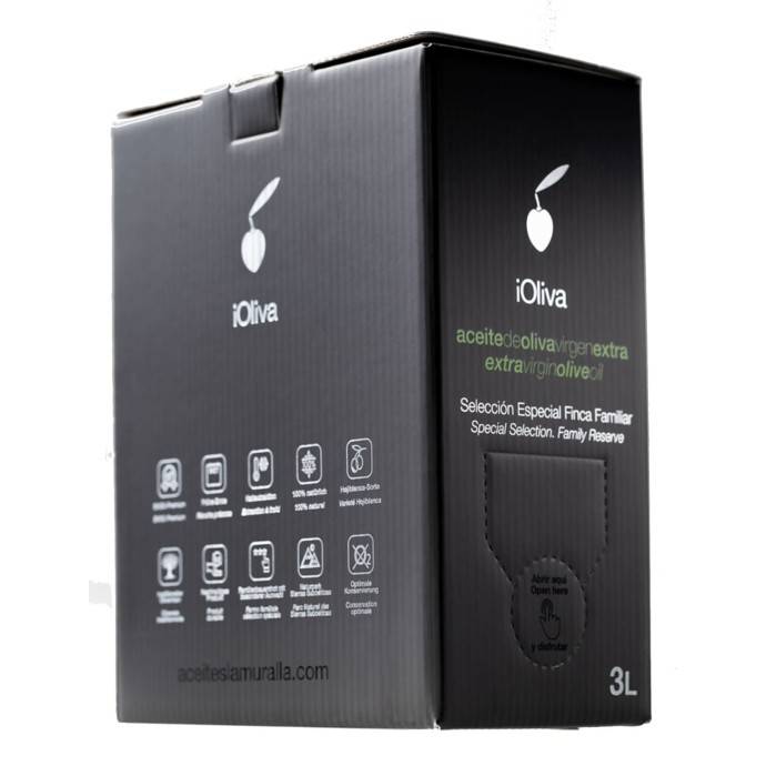 Extra Virgin Olive Oil Premium, iOliva, Hojiblanca Variety - Bag in Box 3 L. (back view)