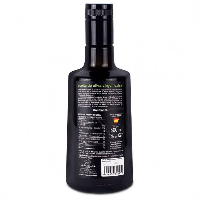 iOliva 500 ml. Extra Virgin Olive Oil Bottle. Rear View