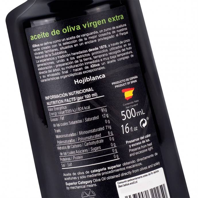 iOliva Bottle - 500 mL. Extra Virgin Olive Oil. Rear Label Detail