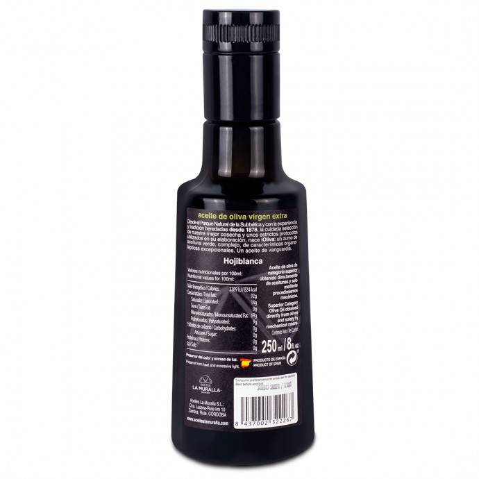 Botella iOliva 250 ml. Aceite de Oliva Virgen Extra. Vista reverso